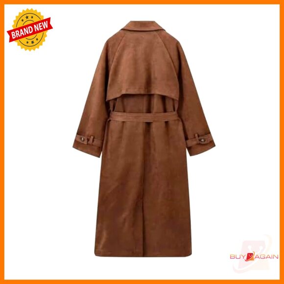 Faux Suede Trench Coat Double Breasted Belted Pea Coat Elegant Winter Jacket - Picture 4 of 7